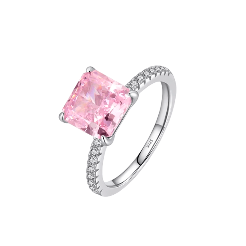 Sterling silver ring with square-cut zirconia stone and pavé band, photographed in different elegant angles and worn on the hand.
