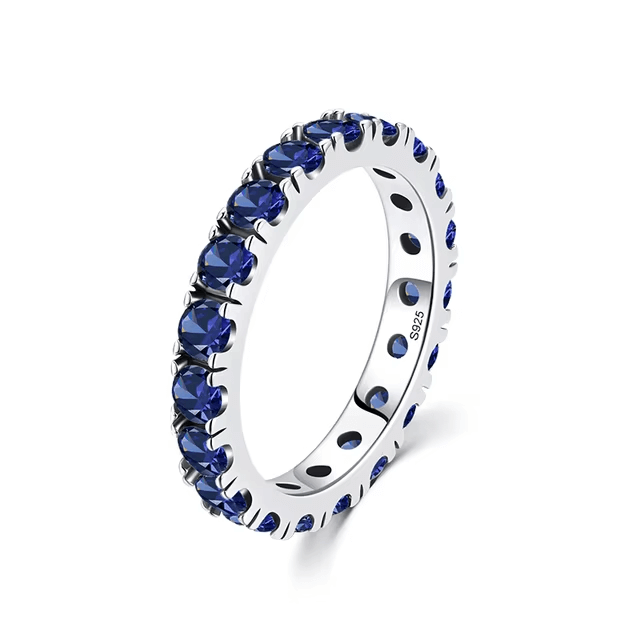 Sterling silver eternity ring with blue and white brilliant stones – 925 stacking band for women UK