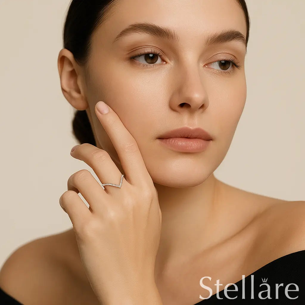 Sterling silver chevron ring set – minimalist trio with v-shaped and pavé bands for stacking or solo wear