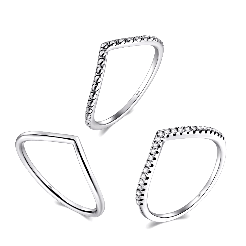 Sterling silver chevron ring set – minimalist trio with v-shaped and pavé bands for stacking or solo wear