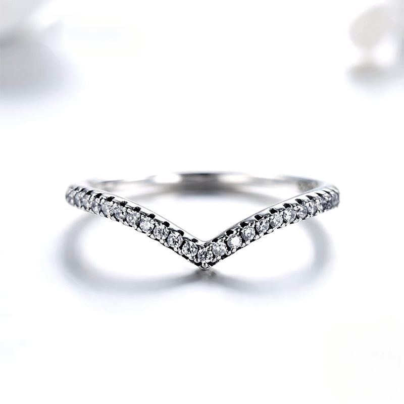 Sterling silver chevron ring set – minimalist trio with v-shaped and pavé bands for stacking or solo wear