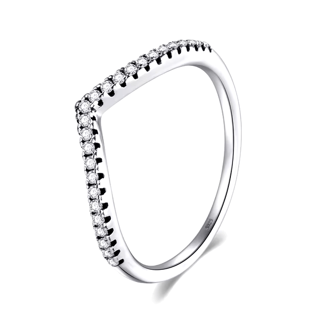 Sterling silver chevron ring set – minimalist trio with v-shaped and pavé bands for stacking or solo wear