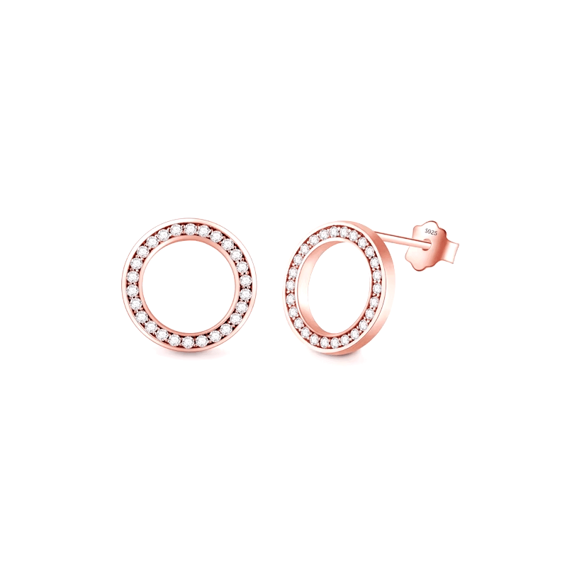 Sterling silver circular stud earrings with zirconia – elegant round shape available in silver or rose gold tone