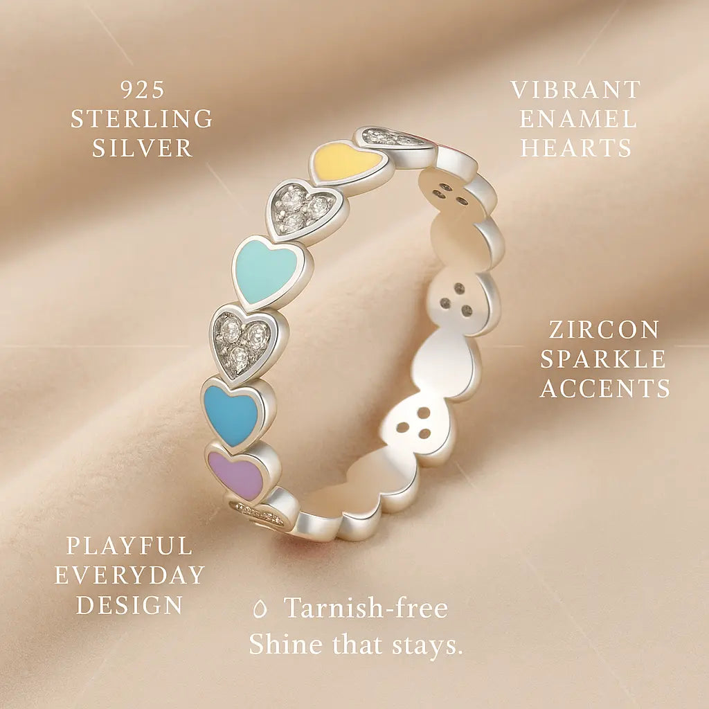 925 Sterling Silver Colorful Hearts Ring