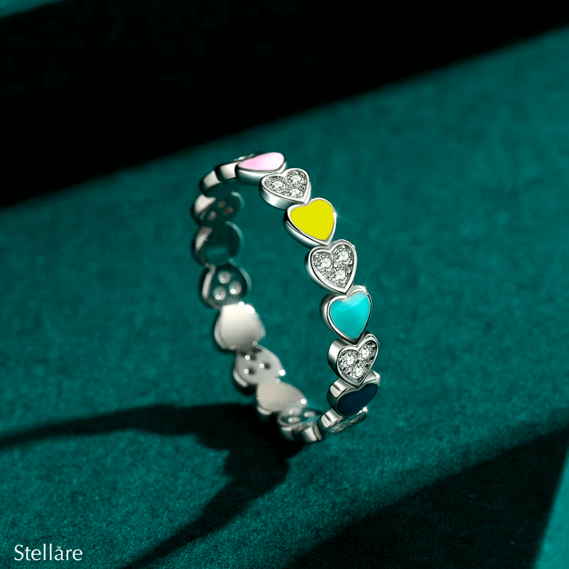 Sterling silver ring with colourful enamel hearts – cute and playful band for women or girls, stackable and gift-ready