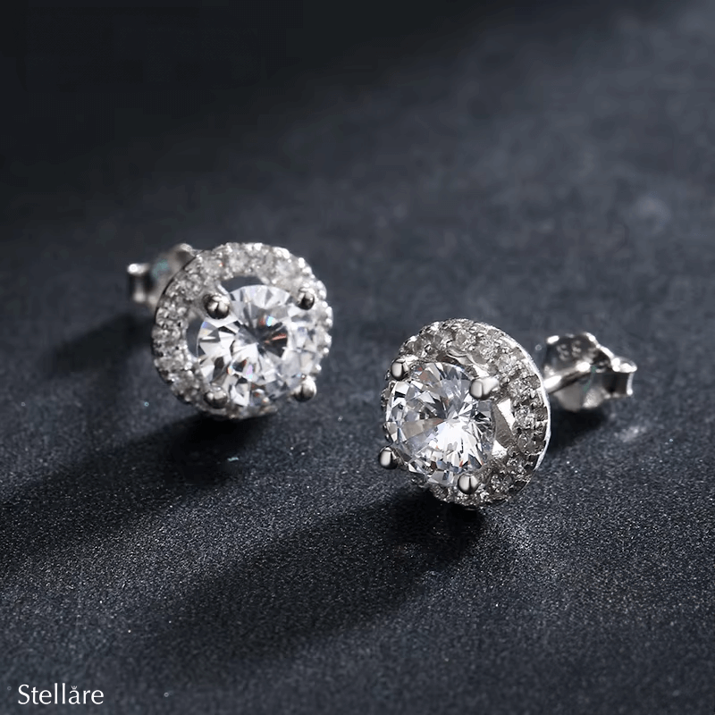 Sterling silver stud earrings with round halo design and white zirconia – timeless sparkle for everyday elegance