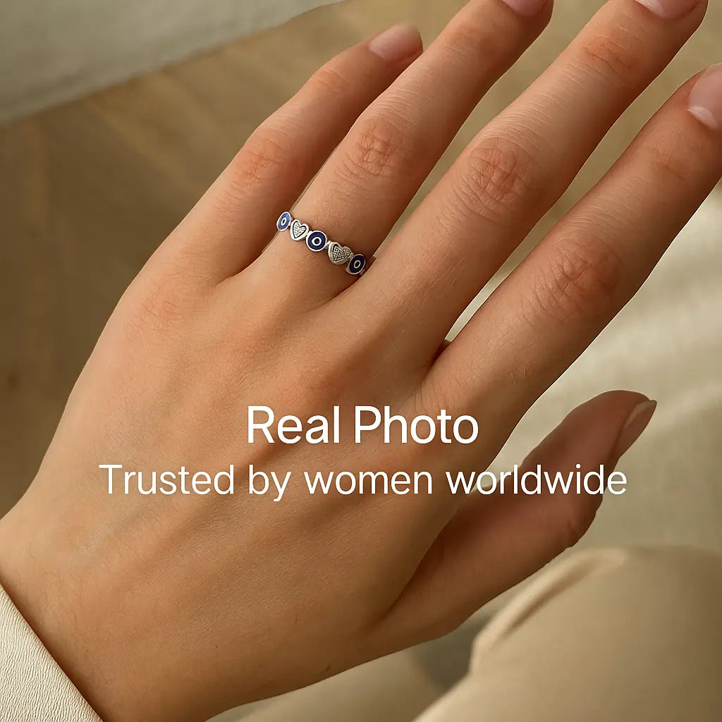 925 Sterling Silver Greek Eye & Hearts Ring