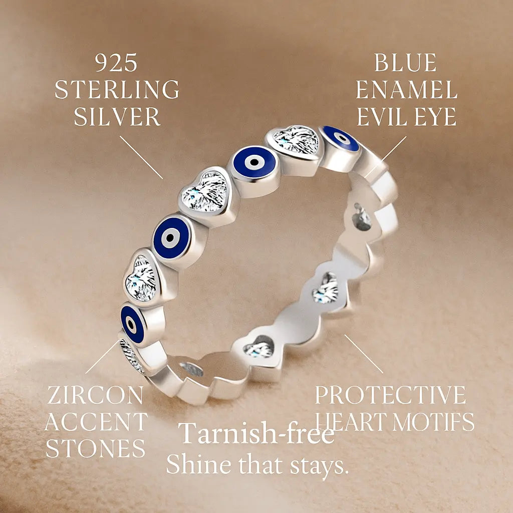 925 Sterling Silver Greek Eye & Hearts Ring