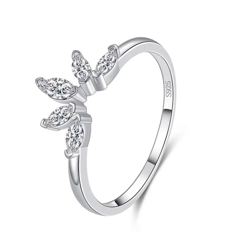 Sterling silver marquise ring with leaf-shaped zirconia stones – nature-inspired dainty design for elegant daily wear