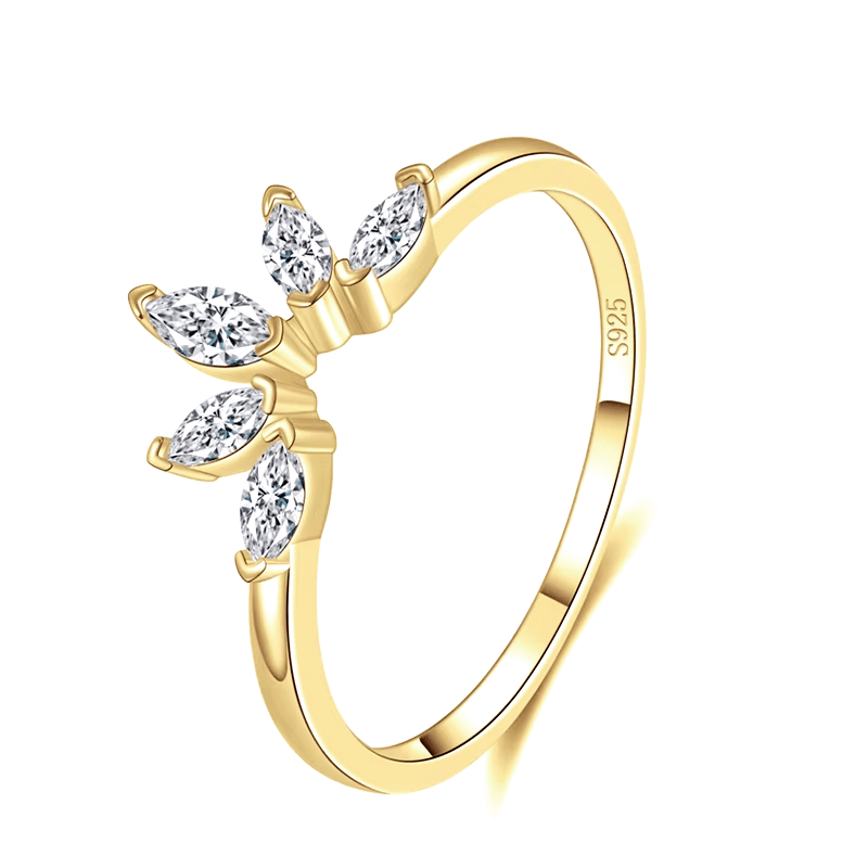 Sterling silver marquise ring with leaf-shaped zirconia stones – nature-inspired dainty design for elegant daily wear