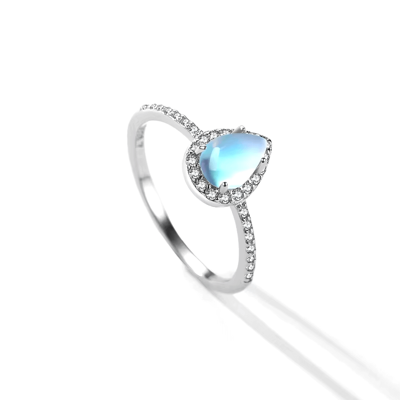 Sterling silver ring with pear-shaped moonstone and pavé zirconia – iridescent and mystical feminine design