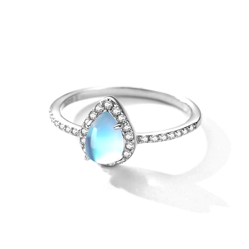 Sterling silver ring with pear-shaped moonstone and pavé zirconia – iridescent and mystical feminine design