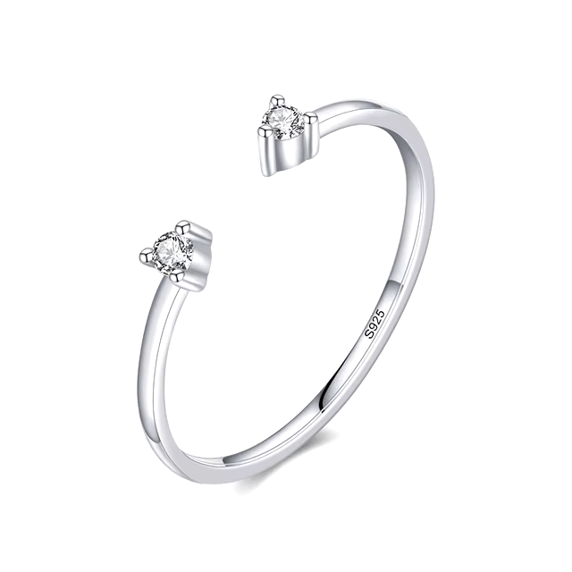Sterling silver open ring with twin zirconia stones – minimalist and adjustable design for everyday elegance