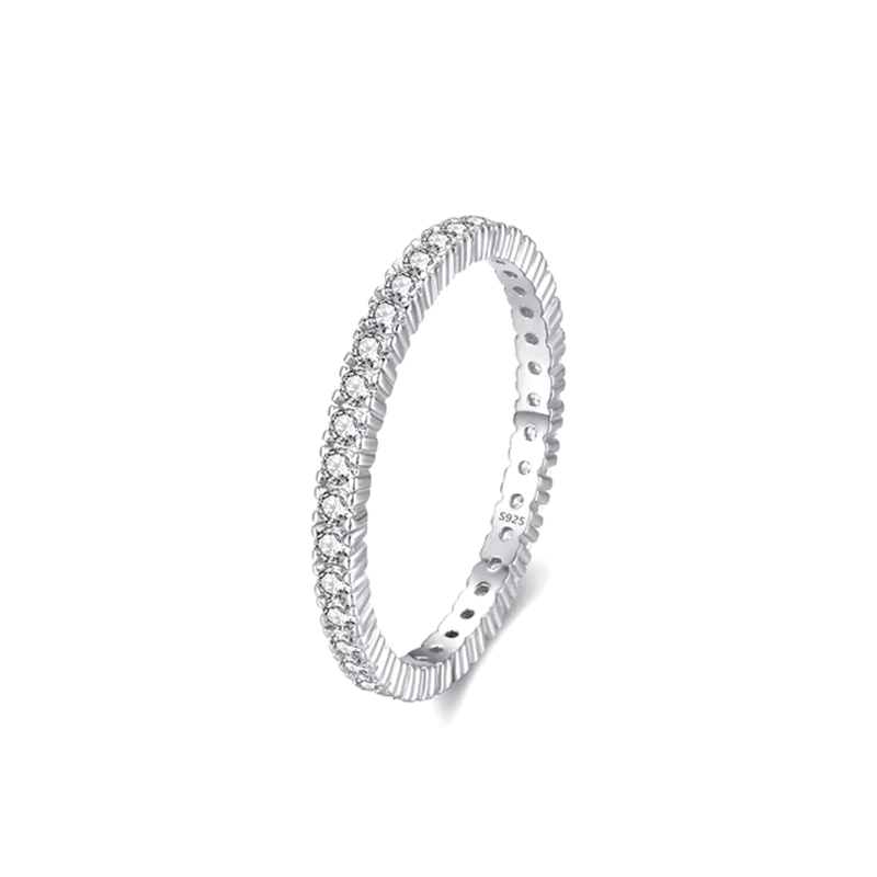 Sterling silver pavé ring with full band of zirconia stones – dainty and stackable eternity ring