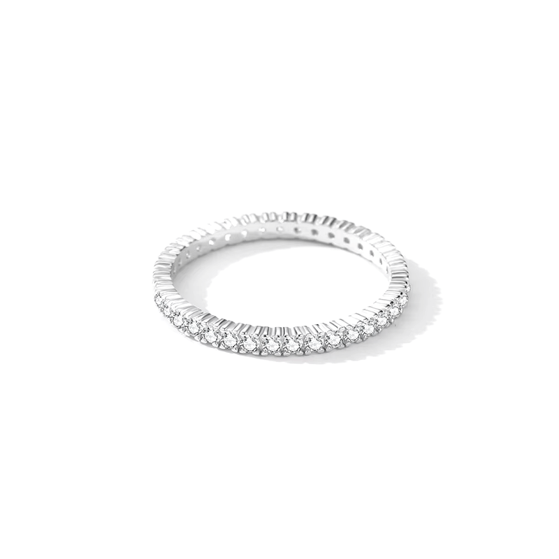Sterling silver pavé ring with full band of zirconia stones – dainty and stackable eternity ring