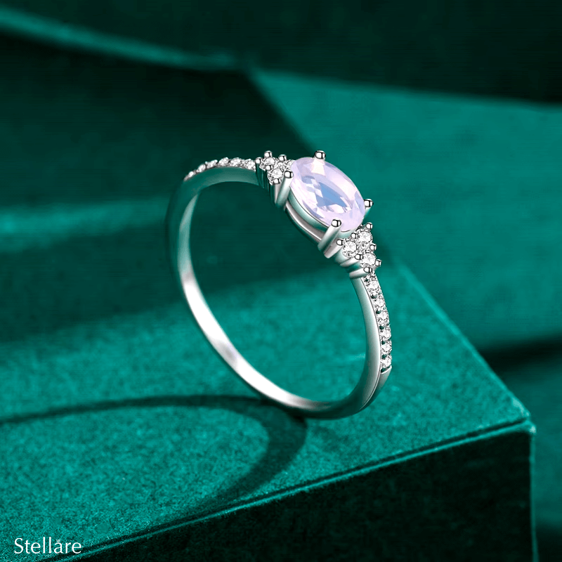 Sterling silver ring with pink amethyst oval gemstone – dainty feminine band with pavé zirconia