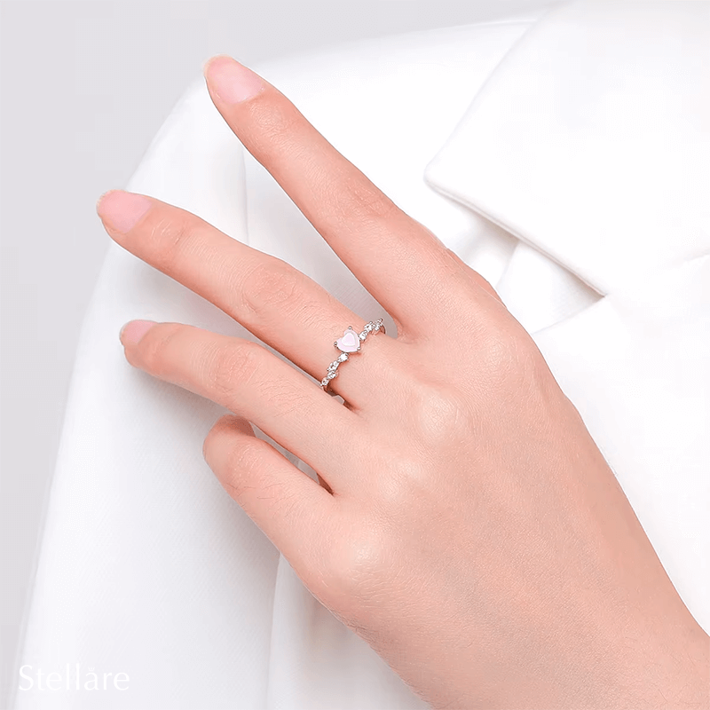 Sterling silver ring with pink heart-shaped gemstone and zirconia – romantic and dainty promise ring