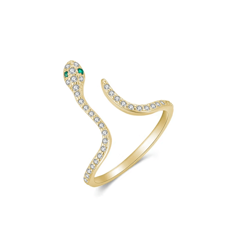 Sterling silver snake ring with pavé zirconia and green stone eyes – bold, symbolic and adjustable design