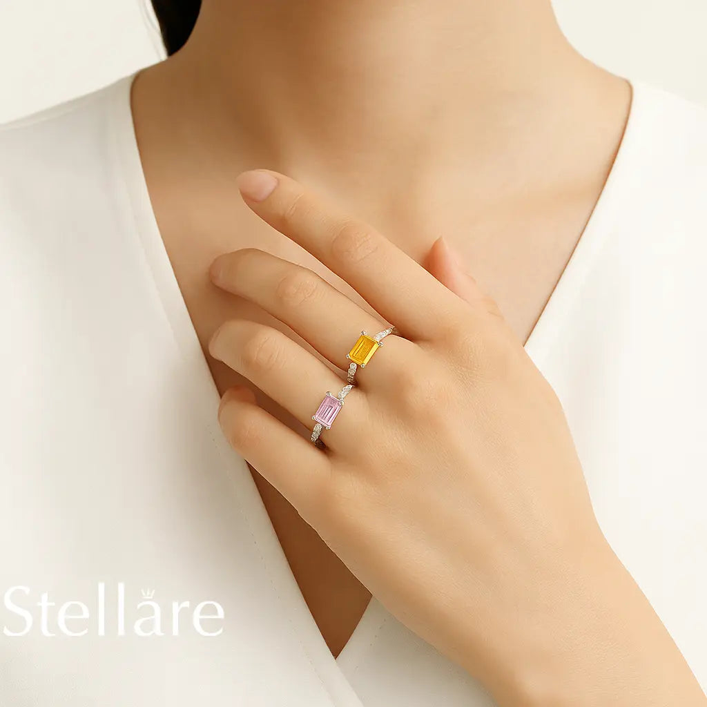 Sterling silver ring with baguette-cut gemstone in pink or yellow – modern dainty band with feminine sparkle