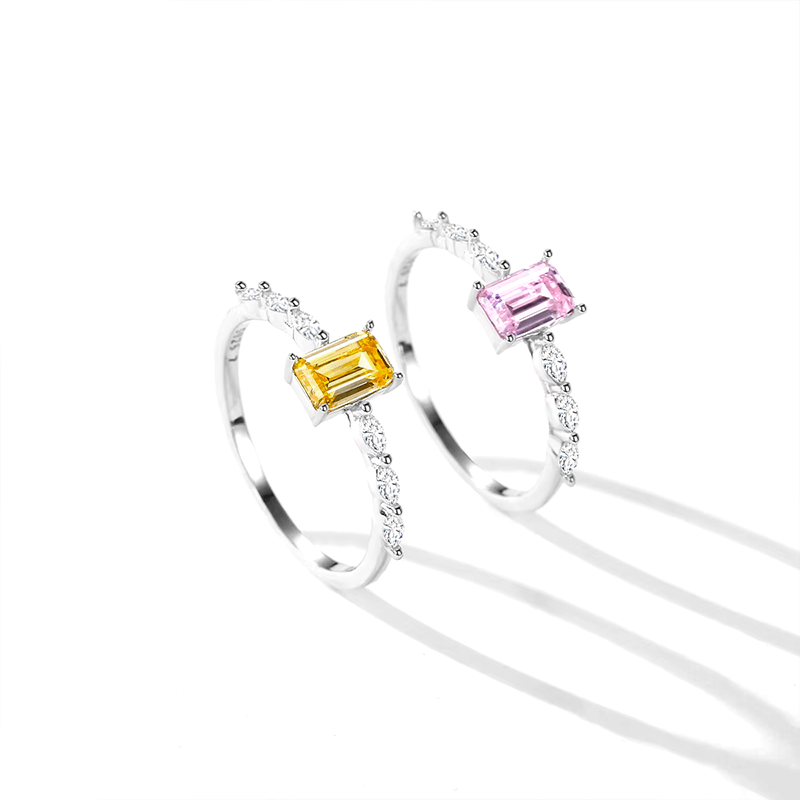 Sterling silver ring with baguette-cut gemstone in pink or yellow – modern dainty band with feminine sparkle