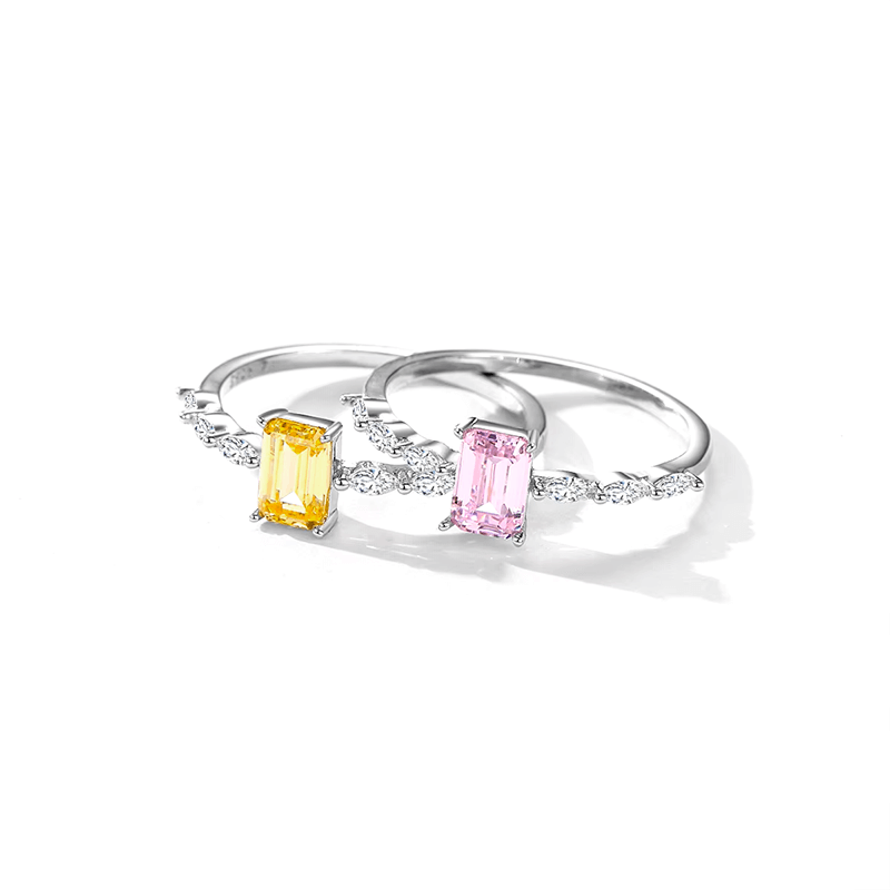 Sterling silver ring with baguette-cut gemstone in pink or yellow – modern dainty band with feminine sparkle