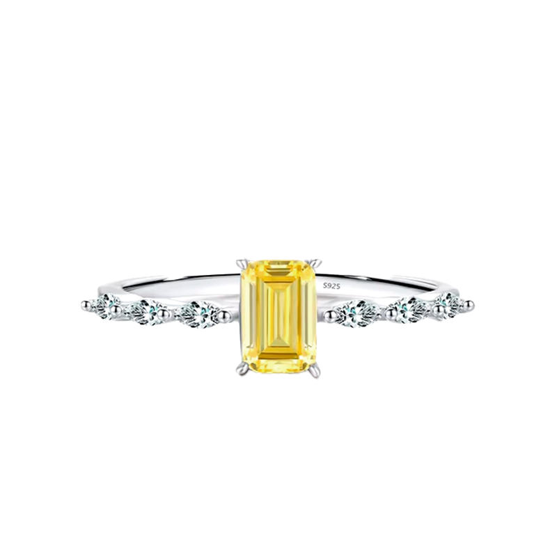 Sterling silver ring with baguette-cut gemstone in pink or yellow – modern dainty band with feminine sparkle