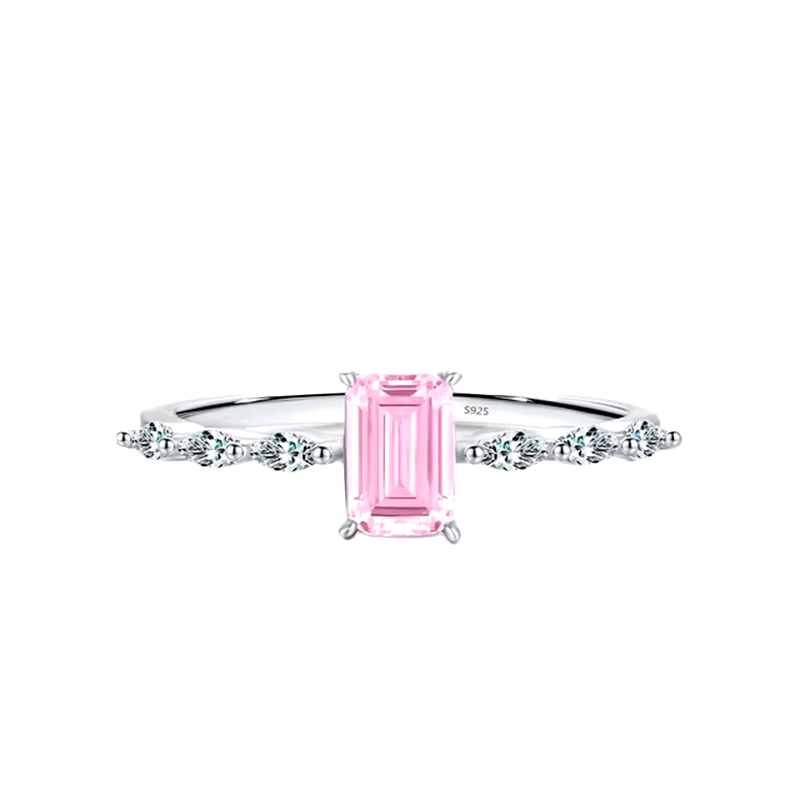 Sterling silver ring with baguette-cut gemstone in pink or yellow – modern dainty band with feminine sparkle
