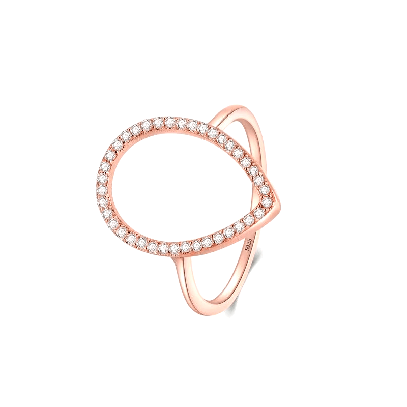 Sterling silver teardrop ring with pavé zirconia – modern open band design in silver or rose gold