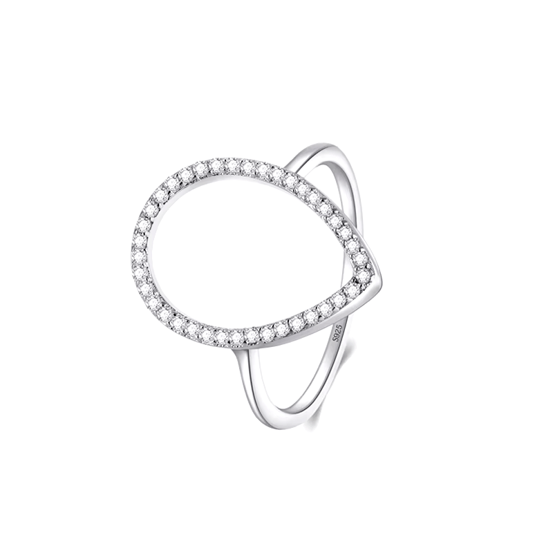 Sterling silver teardrop ring with pavé zirconia – modern open band design in silver or rose gold