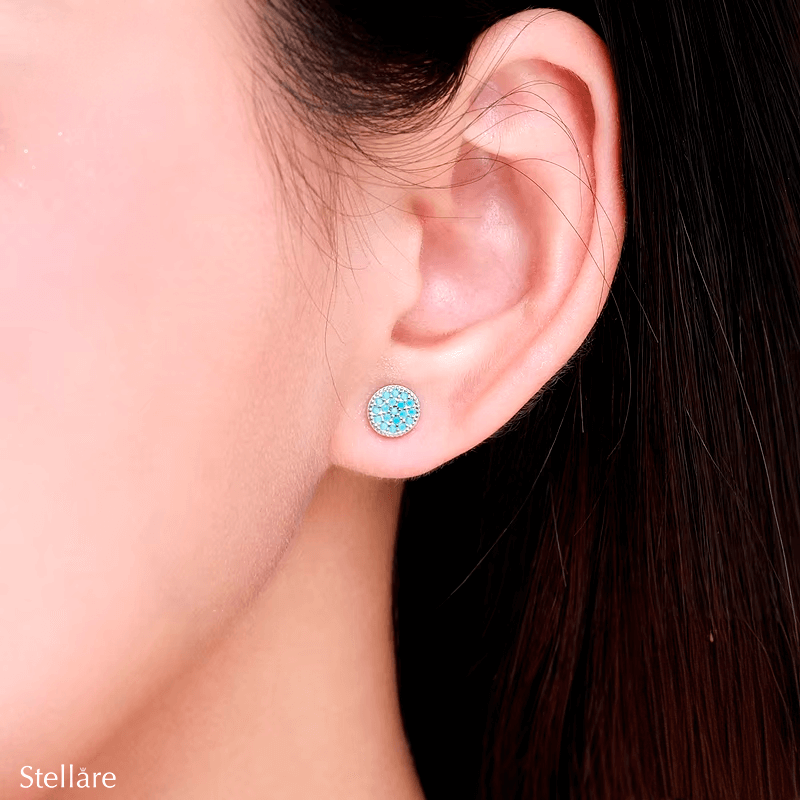 Sterling silver stud earrings with turquoise circle design and pavé accents – dainty and vibrant jewellery for everyday elegance