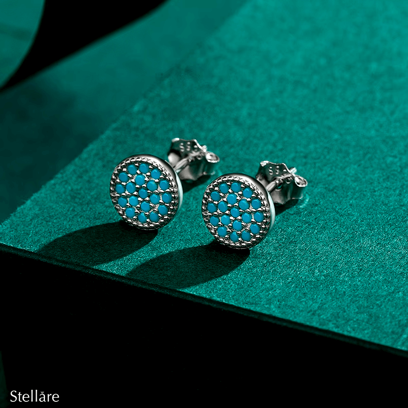 Sterling silver stud earrings with turquoise circle design and pavé accents – dainty and vibrant jewellery for everyday elegance