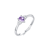 Colorful 925 sterling silver gemstone rings with heart, round, and baguette stones, worn in combination or shown individually