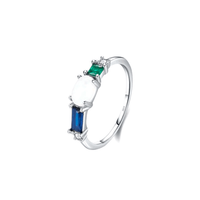 Colorful 925 sterling silver gemstone rings with heart, round, and baguette stones, worn in combination or shown individually