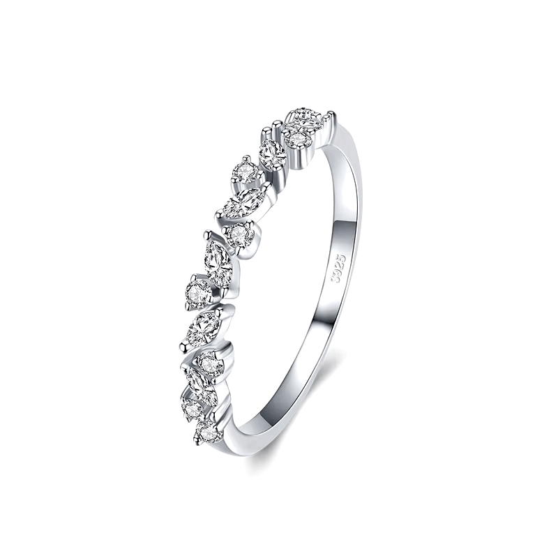 925 sterling silver rings collection featuring minimalist and delicate band designs with small zirconia details, displayed individually and in sets