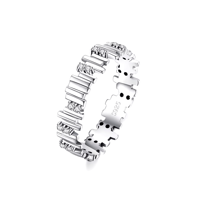 925 sterling silver rings collection featuring minimalist and delicate band designs with small zirconia details, displayed individually and in sets