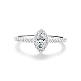 Sterling silver ring with marquise-cut zirconia centerpiece and pavé band, photographed in elegant settings and on hand.