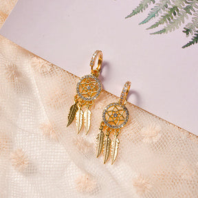 Boho Dreamcatcher Earrings – Feather Drop Charm in Gold