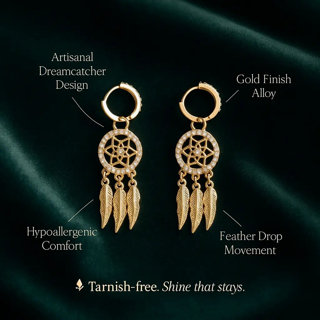 Boho Dreamcatcher Earrings – Feather Drop Charm in Gold