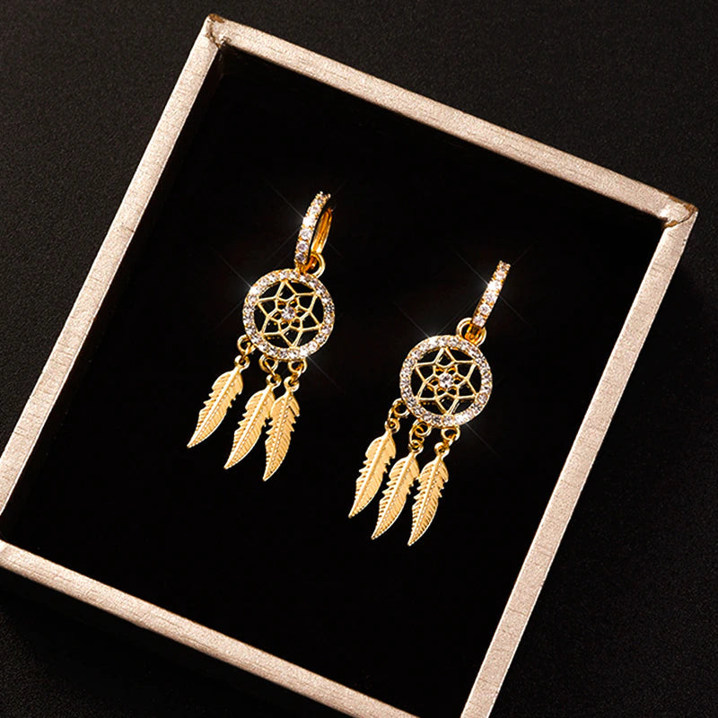 Boho Dreamcatcher Earrings – Feather Drop Charm in Gold