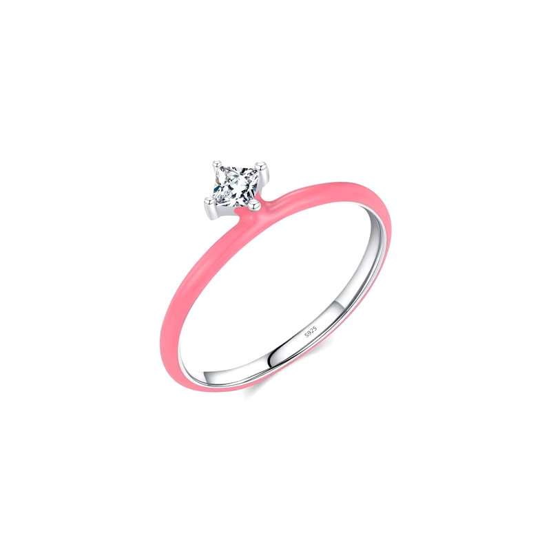 Vibrant candy-style rings in 925 sterling silver, available in multiple pastel colours with enamel finish and zirconia details, ideal for stacking or solo wear