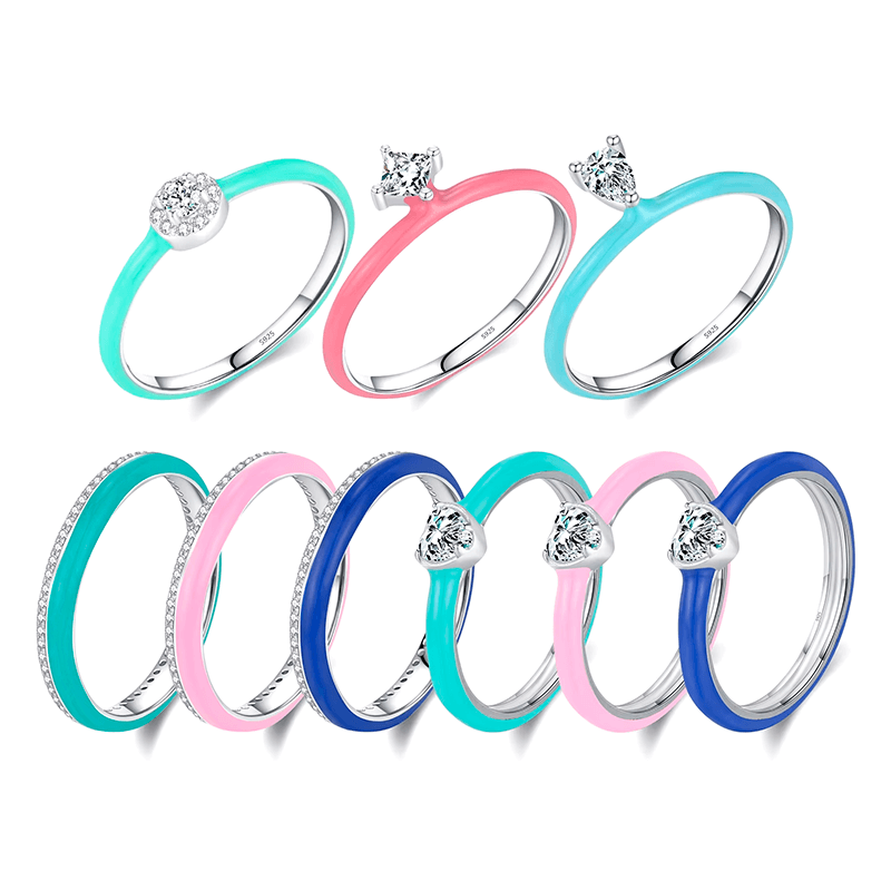 Vibrant candy-style rings in 925 sterling silver, available in multiple pastel colours with enamel finish and zirconia details, ideal for stacking or solo wear