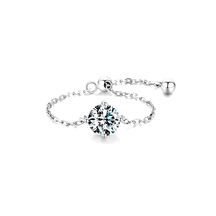 925 sterling silver rings with various gemstone settings, including cushion, round and pear cuts — displayed individually and on model's hand