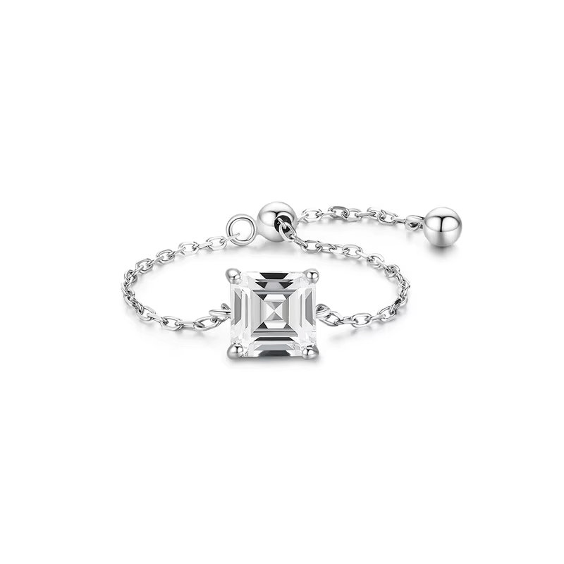 925 sterling silver rings with various gemstone settings, including cushion, round and pear cuts — displayed individually and on model's hand