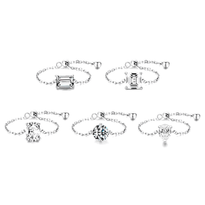 925 sterling silver rings with various gemstone settings, including cushion, round and pear cuts — displayed individually and on model's hand