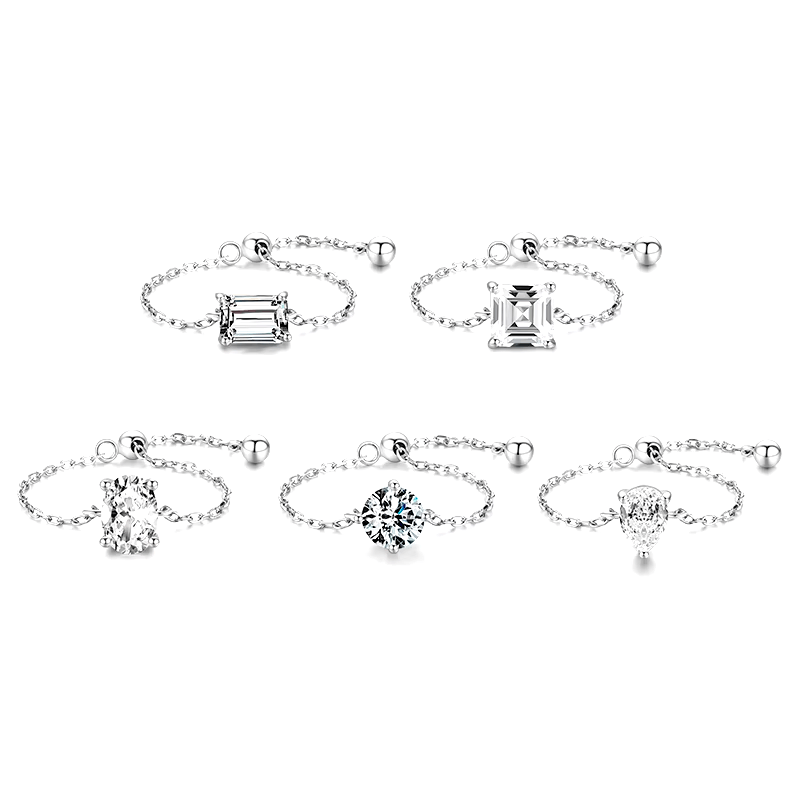 925 sterling silver rings with various gemstone settings, including cushion, round and pear cuts — displayed individually and on model's hand