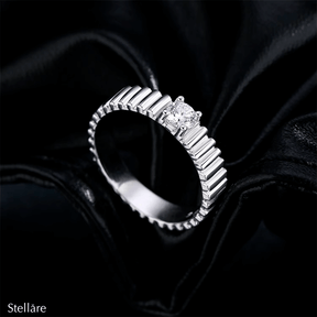 925 sterling silver ring with modern vertical grooves and center zirconia, shown on hand and in close-up with soft black background.