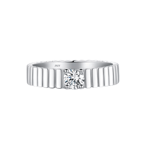 925 sterling silver ring with modern vertical grooves and center zirconia, shown on hand and in close-up with soft black background.