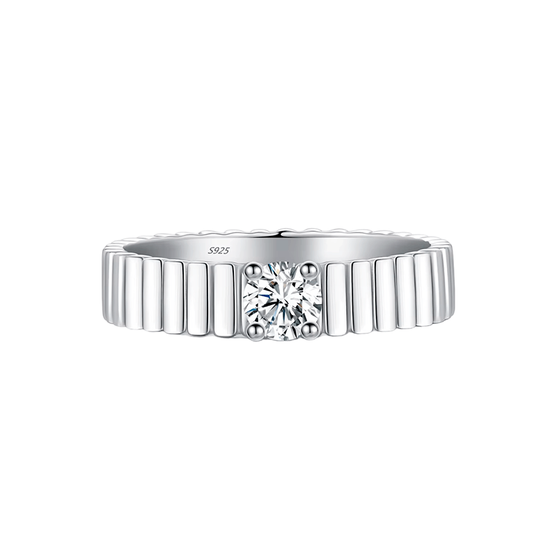 925 sterling silver ring with modern vertical grooves and center zirconia, shown on hand and in close-up with soft black background.