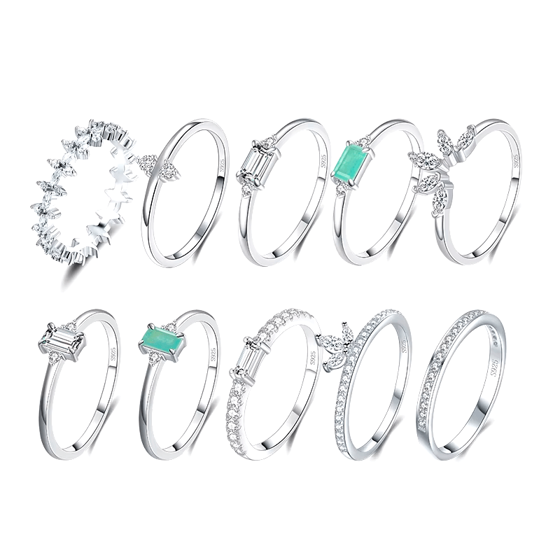 Nature-inspired silver rings featuring gemstones and botanical motifs, crafted in 925 sterling silver for elegant everyday wear
