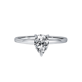 925 silver ring featuring a pear-shaped zirconia stone in a minimalist setting, displayed on hand and in close-up product views